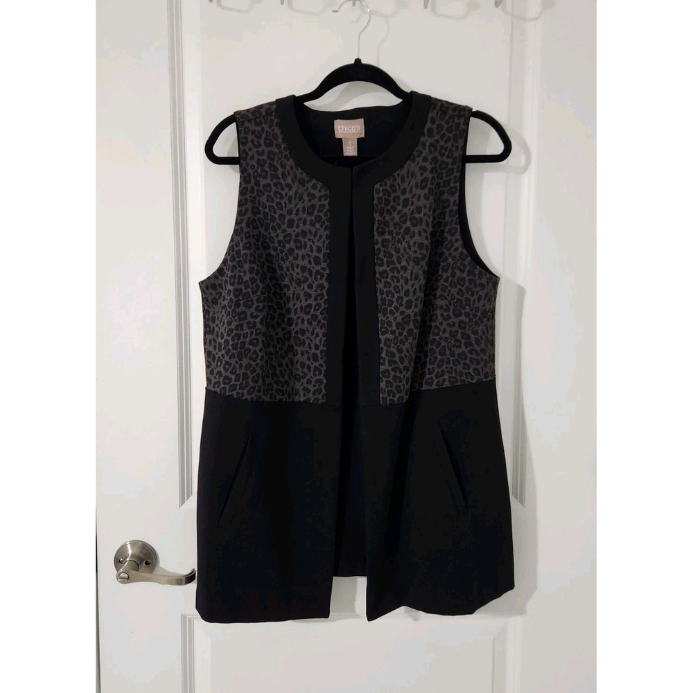Chico's Women's Vest  Animal Print Black Sleeveless‎ Open Front Tunic Size M(8)